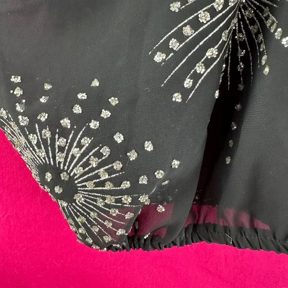 Vintage Silver Glitter Fireworks Black Sheer Short Sleeve Party Top Glances - Picture 9 of 17
